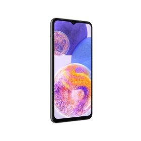 Samsung Galaxy A23 siyah akıllı telefon, önden ekran görünümü ve damla çentikli tasarım
