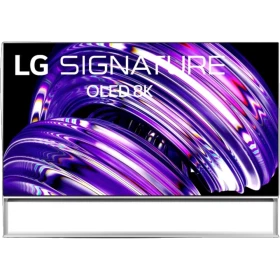 LG OLED88Z29LA Ultra HD 8K televizyon, OLED ekranlı canlı mor-mavi ışık temalı vitrin görünümü