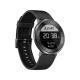 Huawei Fit siyah akıllı saat, yuvarlak ekranı ve siyah kordonuyla önden ve yandan görünür.