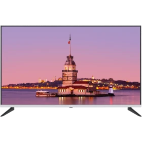 Vestel 55UB9100S Ultra HD 4K LED televizyon, gümüş çerçeveli ve Kız Kulesi manzarası gösteren ekran