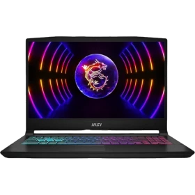 MSI Katana 15 B13VGK-1874XTR siyah oyuncu laptop; RGB renkli klavye ve ejderha görselli ekran.
