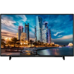 Grundig 43 VLX 7810 BP Ultra HD 4K LED televizyon, şehir manzarası gösteren siyah ekran tasarımı