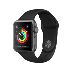 Apple Watch Series 3 38 mm siyah alüminyum kasa ve spor kordonlu akıllı saat, renkli ekranıyla önden görünüm