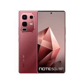 Kırmızı Infinix Note 50s 5G akıllı telefon, ön ekran ve arka kamera modülüyle vitrin görünümü