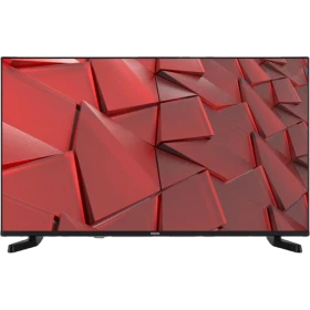 Vestel 43F8540 Full HD LED televizyon, kırmızı geometrik ekranı ve siyah ayaklarıyla önden görünüm