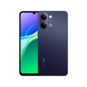Vivo Y21 5G siyah akıllı telefon, çift kamera modülü ve ekran görünümü ile ön ve arka tasarım