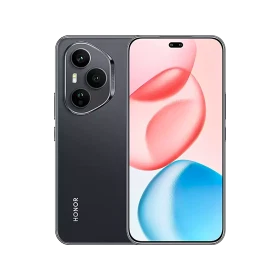 Honor 400 Pro siyah akıllı telefon, ön ekran ve üçlü arka kamera tasarımıyla vitrin görünümü