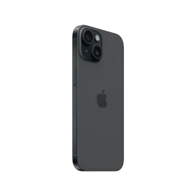 Siyah Apple iPhone 15 akıllı telefonun arka yüzü, çift kamera modülü ve Apple logosu görünümü