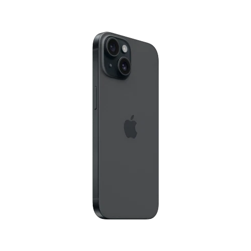 Siyah Apple iPhone 15 akıllı telefonun arka yüzü, çift kamera modülü ve Apple logosu görünümü