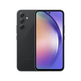 Siyah Samsung Galaxy A54 akıllı telefon, ön ekran ve üç kameralı arka yüz tasarımıyla vitrin görünümü