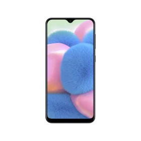 Samsung Galaxy A30s siyah akıllı telefon, önden ekran görünümü ve damla çentikli tasarım, vitrin çekimi