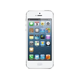 Beyaz Apple iPhone 5S akıllı telefonun ön yüzü, ana ekran ve ana tuş detayları ile vitrin çekimi