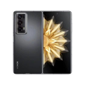 Siyah Honor Magic V2 akıllı telefonun önden ve arkadan görünümü, üçlü kamera tasarımıyla birlikte