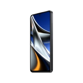 Siyah Poco X4 Pro akıllı telefon, ince çerçeveli ekranı ve ön kamera detayıyla önden görünüm