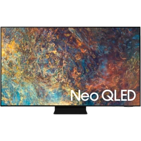 Samsung 85QN90A Ultra HD 4K QLED TV ekranında Neo QLED yazısı ve renkli görüntü, vitrin görünümü