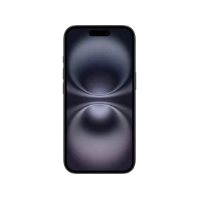 Siyah Apple iPhone 16 akıllı telefonun önden görünümü, tam ekran ve üstte dinamik ada tasarımı