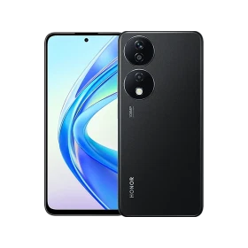Honor X7B siyah akıllı telefon, ön ekran ve çift kamera modüllü arka tasarım vitrin görünümü