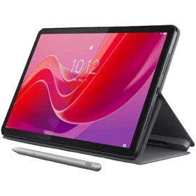 Lenovo Tab M11 TB330FU gri tablet, kılıf üzerinde açılmış ekran görünümü ve 10:12 saat bilgisi