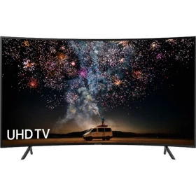 Samsung 49RU7300 Ultra HD 4K LED televizyon; uçan karavan ve renkli havai fişek görüntüsüyle vitrin ekranı