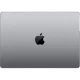 Gri renk Apple MacBook Pro 14 inç MKGQ3TU/A, kapalı durumda üst kapakta Apple logosu ile önden görünüm