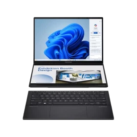 Asus Zenbook DUO OLED UX8406CA-PZ208W siyah laptop: çift ekranlı tasarım ve klavye görünümleri açıkta