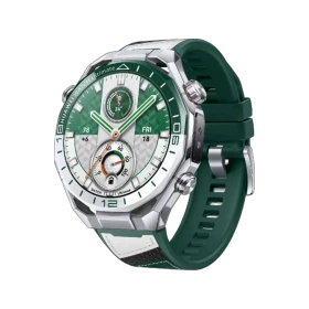 Huawei Watch Ultimate 2 eSIM aktivite saati, gümüş kasa ve yeşil kayışla üç çeyrek görünüm