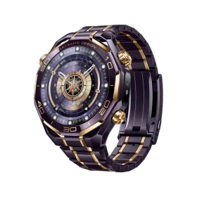 Huawei Watch Ultimate Design Royal Gold mor akıllı saat, altın detaylı kadran ve metalik mor kayışಿಸುತ್ತದೆ