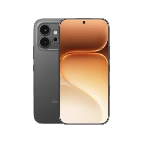 Siyah Honor 600 akıllı telefon, ön ekranı açık şekilde ve çift arka kameralı tasarımıyla önden ve arkadan görünüm