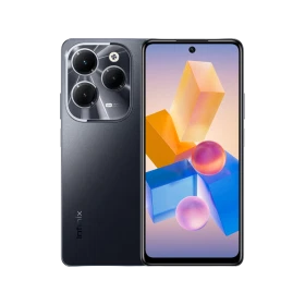 Siyah Infinix Hot 40 akıllı telefonun ön ve arka görünümü, büyük ekran ve üçlü kamera modülüyle