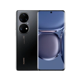 Siyah Huawei P50 Pro akıllı telefonun ön ve arka yüzü, çift kamera tasarımıyla birlikte
