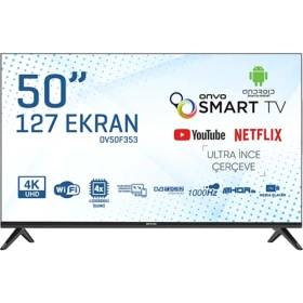 Onvo OV50F353 Ultra HD 4K LED televizyon, siyah çerçeveli 50 inç ekran ve ayaklı tasarım