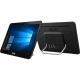 Asus V161GAT-BD018D siyah masaüstü bilgisayarın Windows ekranlı ön ve bağlantı portlu arka görünümü