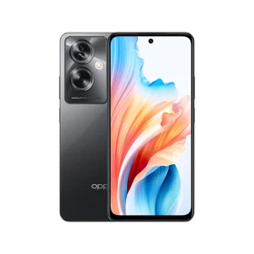 Oppo A79 5G siyah akıllı telefon, önden ekran ve arkadan çift kamera modülü görünümü