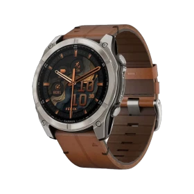Garmin Fenix 8 51mm Sapphire titanyum aktivite saati, kahverengi kayış ve siyah kadranla önden görünüm
