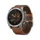 Garmin Fenix 8 51mm Sapphire titanyum aktivite saati, kahverengi kayış ve siyah kadranla önden görünüm