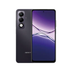 Mor Oppo A5i Pro 5G akıllı telefon, ön ekran ve arka kamera modülüyle vitrin görünümü