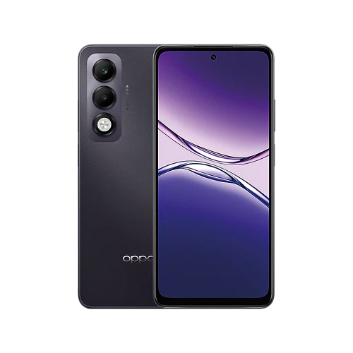 Mor Oppo A5i Pro 5G akıllı telefon, ön ekran ve arka kamera modülüyle vitrin görünümü