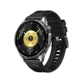 Huawei Watch GT 6 Siyah 46mm akıllı saat, siyah silikon kordon ve yuvarlak ekranıyla üç çeyrek açıdan görünür