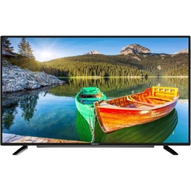 Grundig 43 VLE 6830 BP Full HD LED televizyon, gölde tekneler ve dağ manzarası gösteren siyah ekranlı TV