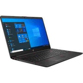 HP 255 G8 27K40EA023 iş ve ofis laptopu, koyu gri tasarım ve açık Windows ekranı ile önden görünüm