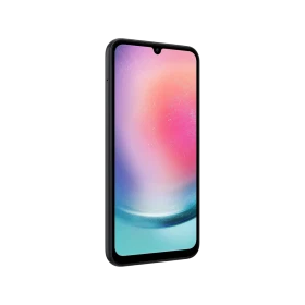 Siyah Samsung Galaxy A24 akıllı telefonun önden görünümü, çentikli ekran ve renkli arka planla