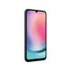 Siyah Samsung Galaxy A24 akıllı telefonun önden görünümü, çentikli ekran ve renkli arka planla