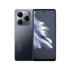Tecno Spark 20 Pro siyah akıllı telefonun ön ve arka yüzü, üçlü arka kamera tasarımıyla vitrin görünümü