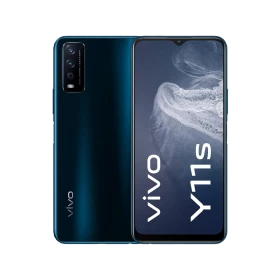 Vivo Y11S siyah akıllı telefon, önden ekran ve arkadan çift kamera tasarımıyla vitrin görünümü