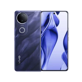 Vivo v50e 5G mavi akıllı telefon, ön ekran ve arka kamera modülüyle önden ve arkadan görünüm