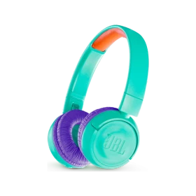 JBL JR300BT Kablosuz yeşil kulaklık, mor kulak yastıklarıyla önden görünüm