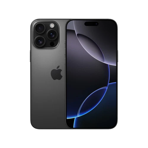 Apple iPhone 16 Pro Max Siyah Titanyum akıllı telefon, ön ekran ve arka üçlü kamera tasarımıyla görünüm