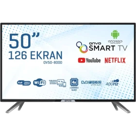 Onvo OV50-8000 Full HD FHD LED televizyon, siyah çerçeveli 50 inç ekran ve ayaklarıyla önden görünüm