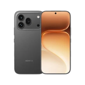 Siyah Honor 600 Pro akıllı telefon, ön ekranı ve üç kameralı arka tasarımıyla önden ve arkadan görünüm