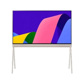 LG 48LX1Q6LA Ultra HD 4K OLED televizyon; ekranda canlı renkli soyut desen, ayaklı tasarım, genel renk.